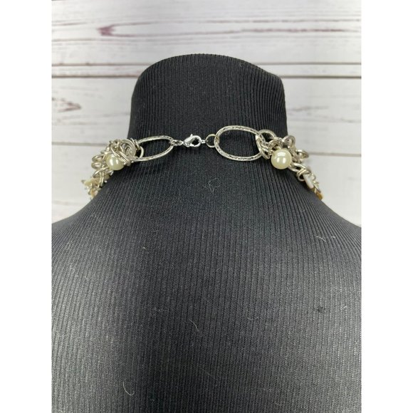 Beautiful Multi Layered Silver Metal Chain Round Pearl Button Necklace - Picture 2 of 8